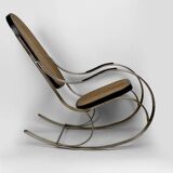 Modernist Rocking Chair in Blackened Wood, Canework and Chrome Frame, 1960-70