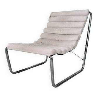 Fauteuil chauffeuse design en métal chromé et tissu des années 1970