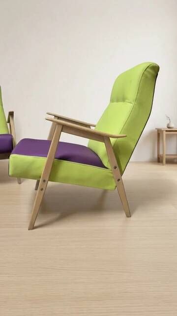 Pair of restored vintage armchairs, green and purple upholstery