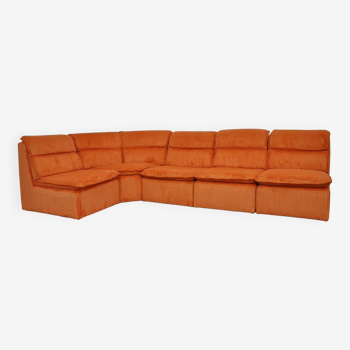 Orange corduroy modular sofa, 1970s, set of 5