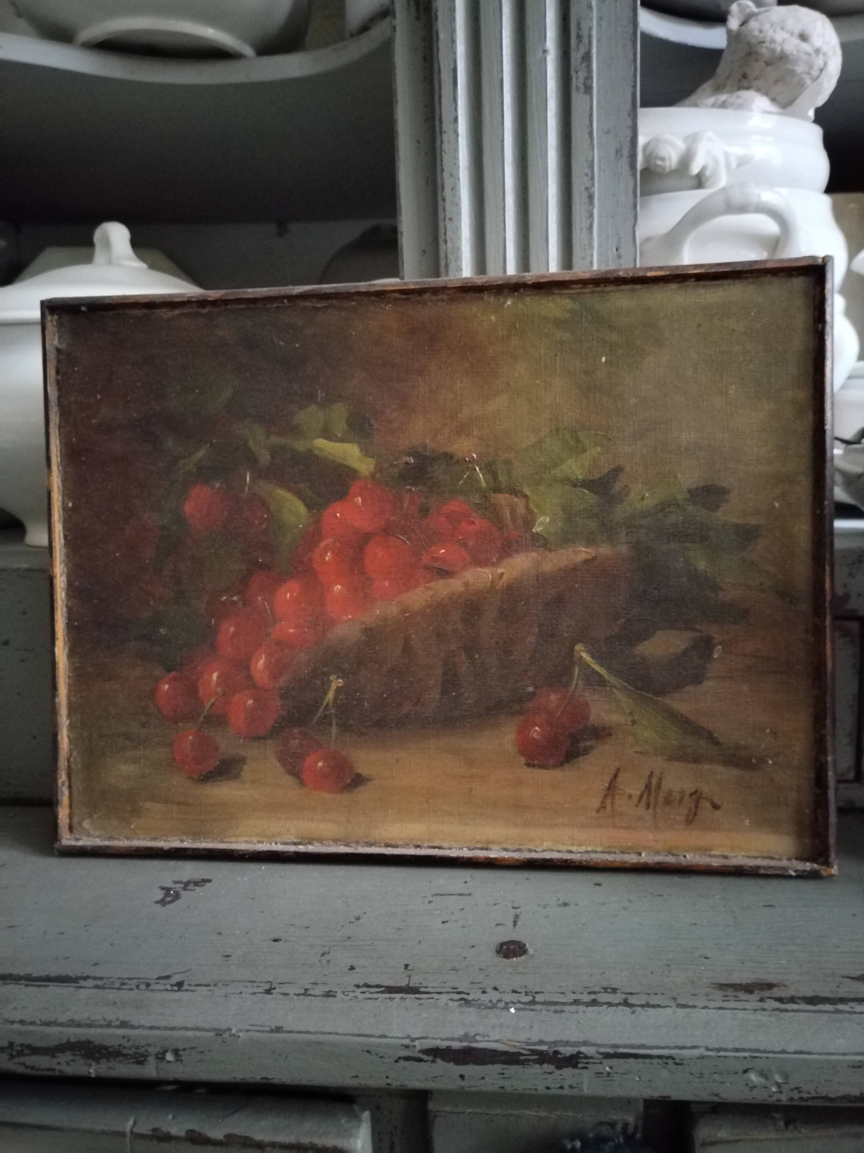 Huile sur toile nature morte cerises