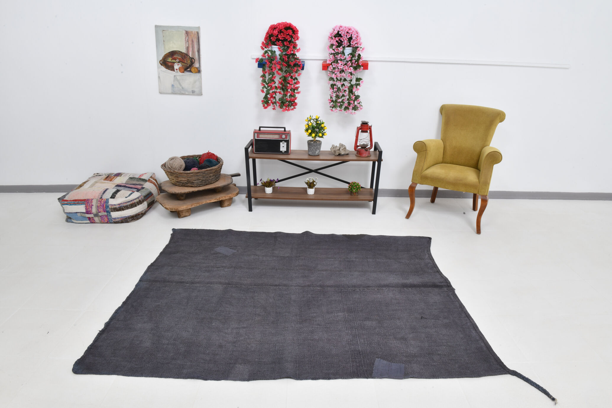 Patchy handmade hemp rug, 164x204cm