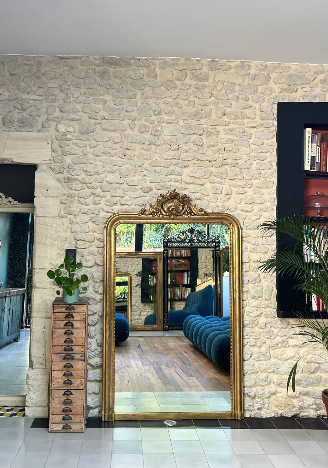 Antique Louis-Philippe mirror with pediment and gilt beading