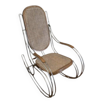 Vintage rocking chair cane steel and bent wood 1970