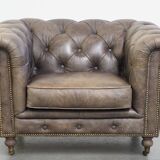 Grey Cowhide Leather Chesterfield Club Armchair in English Style on Casters