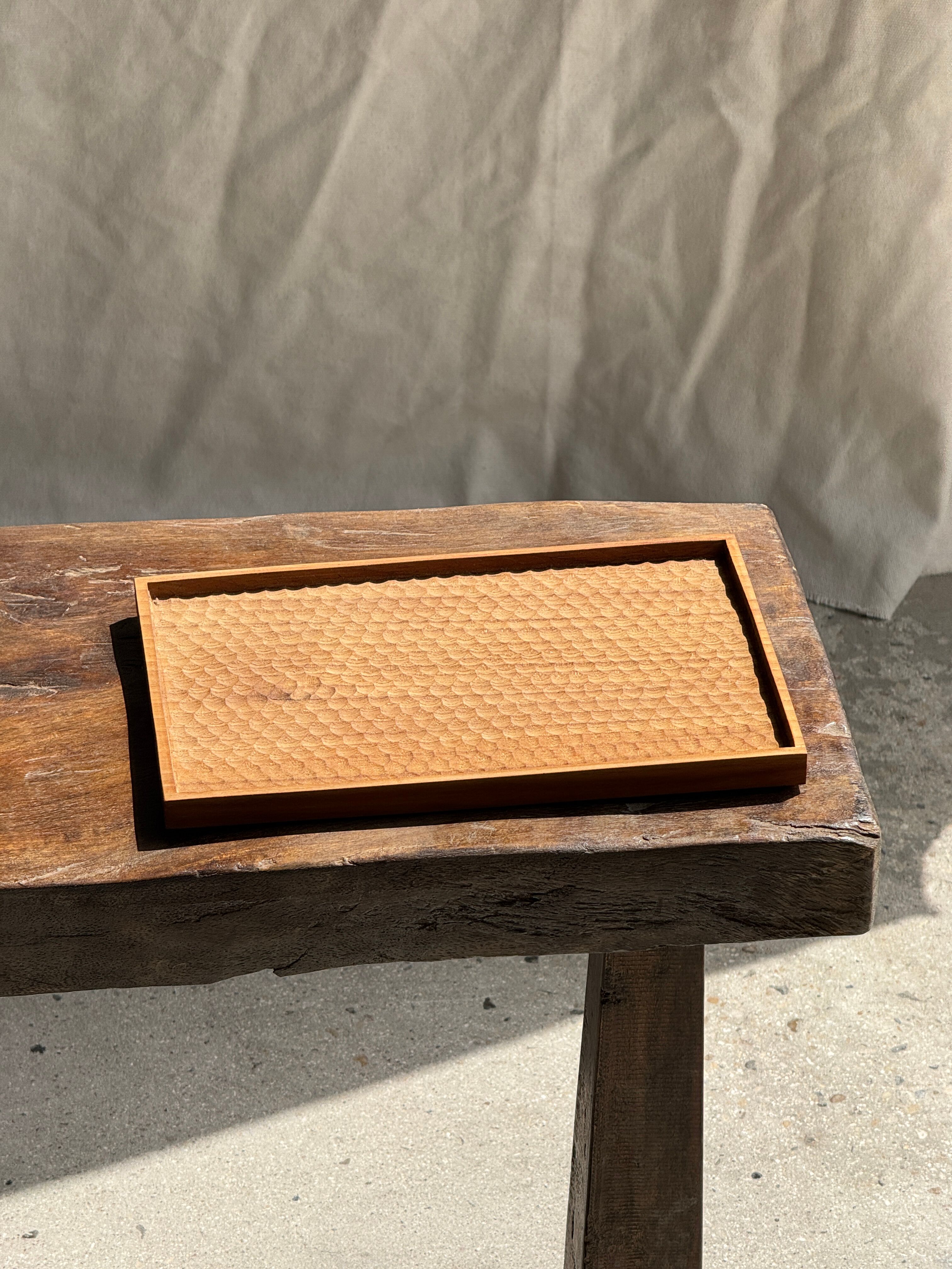 Rectangular solid teak plateau with carved edges 27x18.