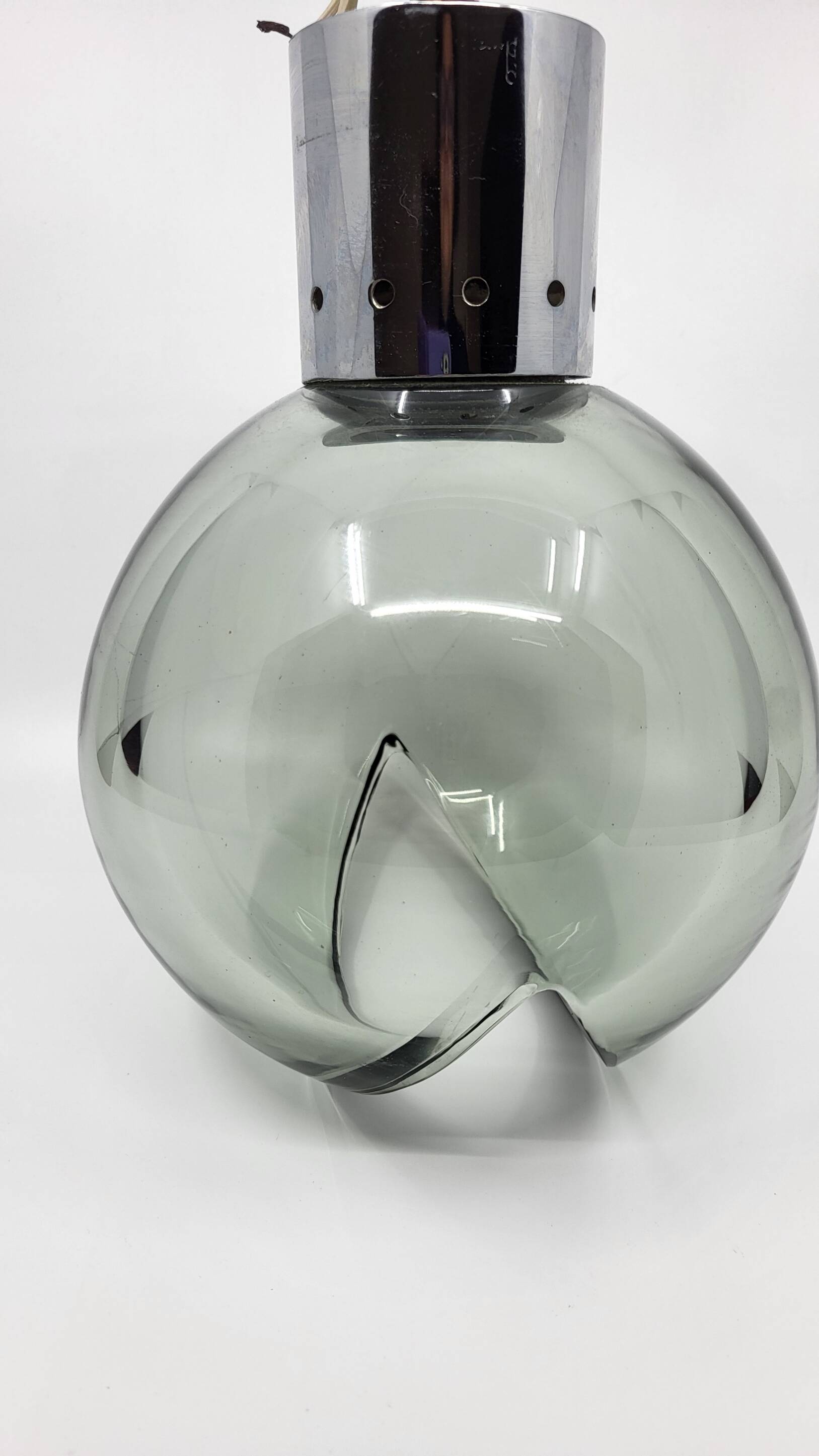 Pendant chandelier, chrome and smoked glass, eye ball design, space age, Italy, 1970s