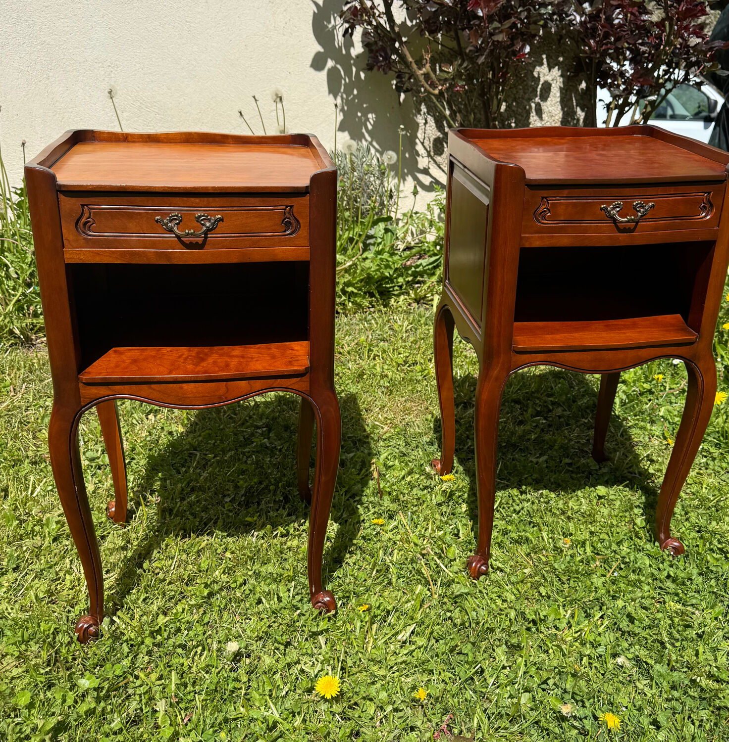 Pair of Louis XV style bedside tables in cherry wood, 1950s/70s.