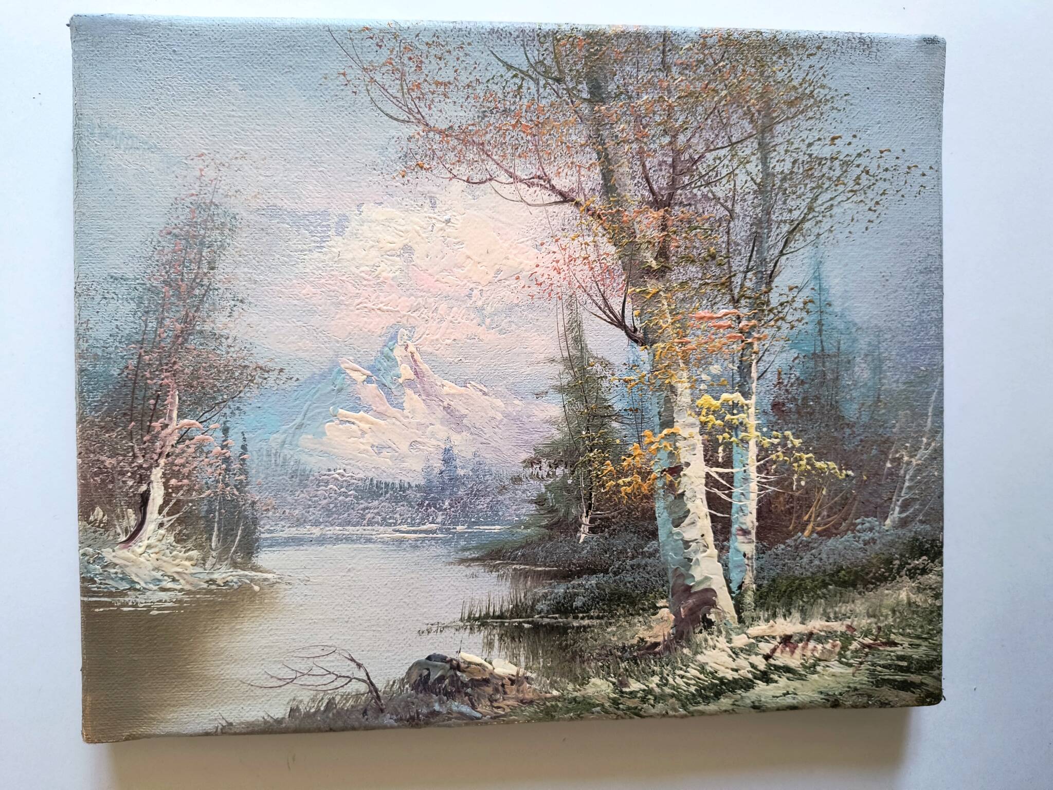 Vintage oil painting – Forest by the lake under a pastel sky