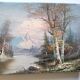 Vintage oil painting – Forest by the lake under a pastel sky