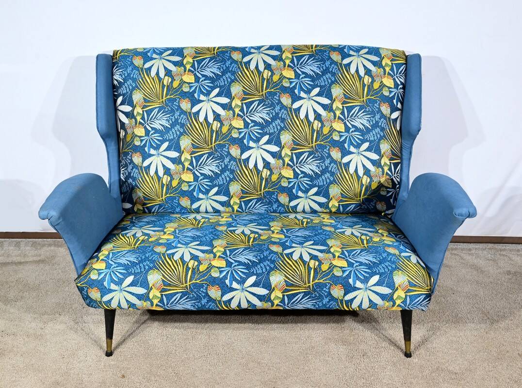 2-Seater Bench in Azure Blue Fabric – 1940s