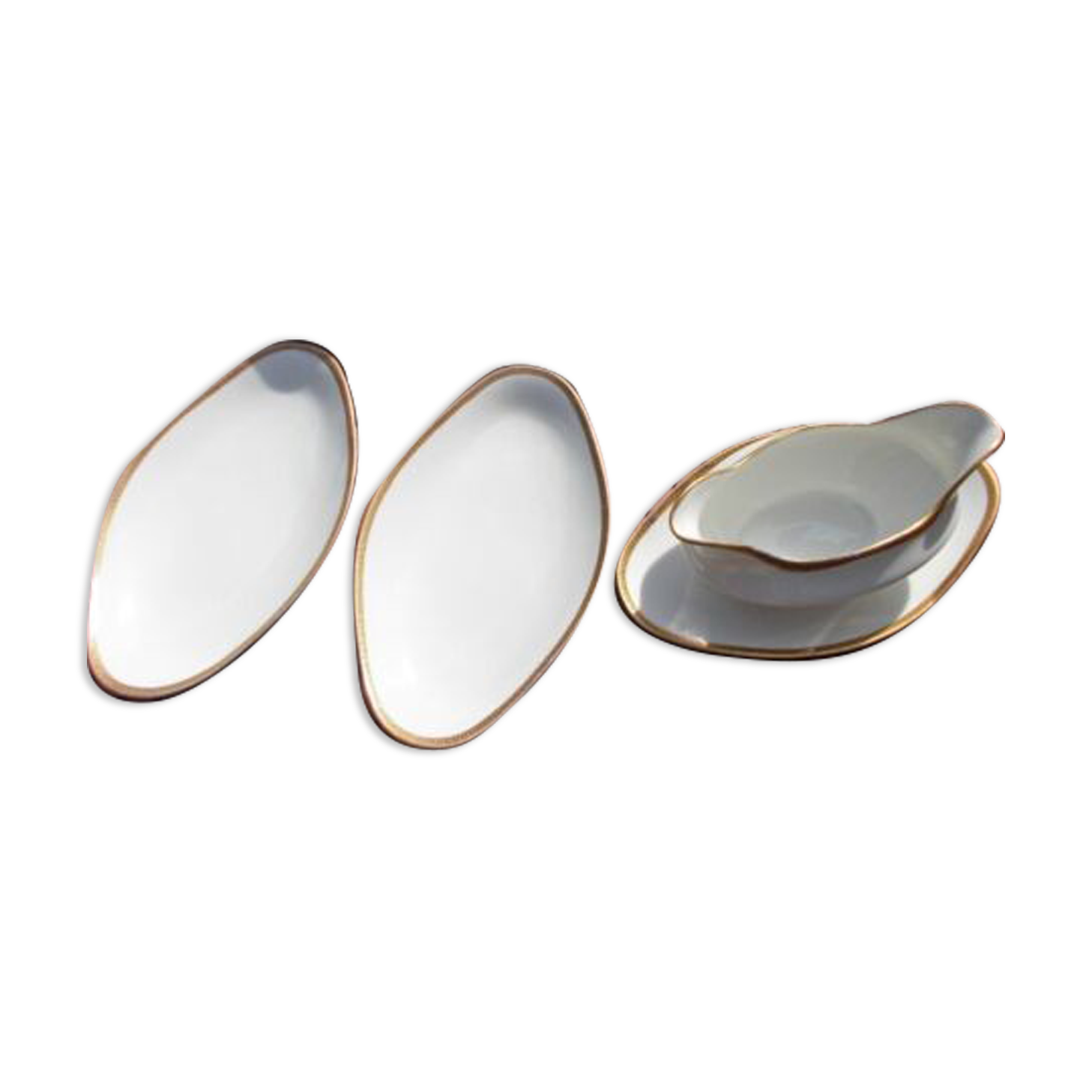 1 saucière 2 raviers Limoges porcelain golden border