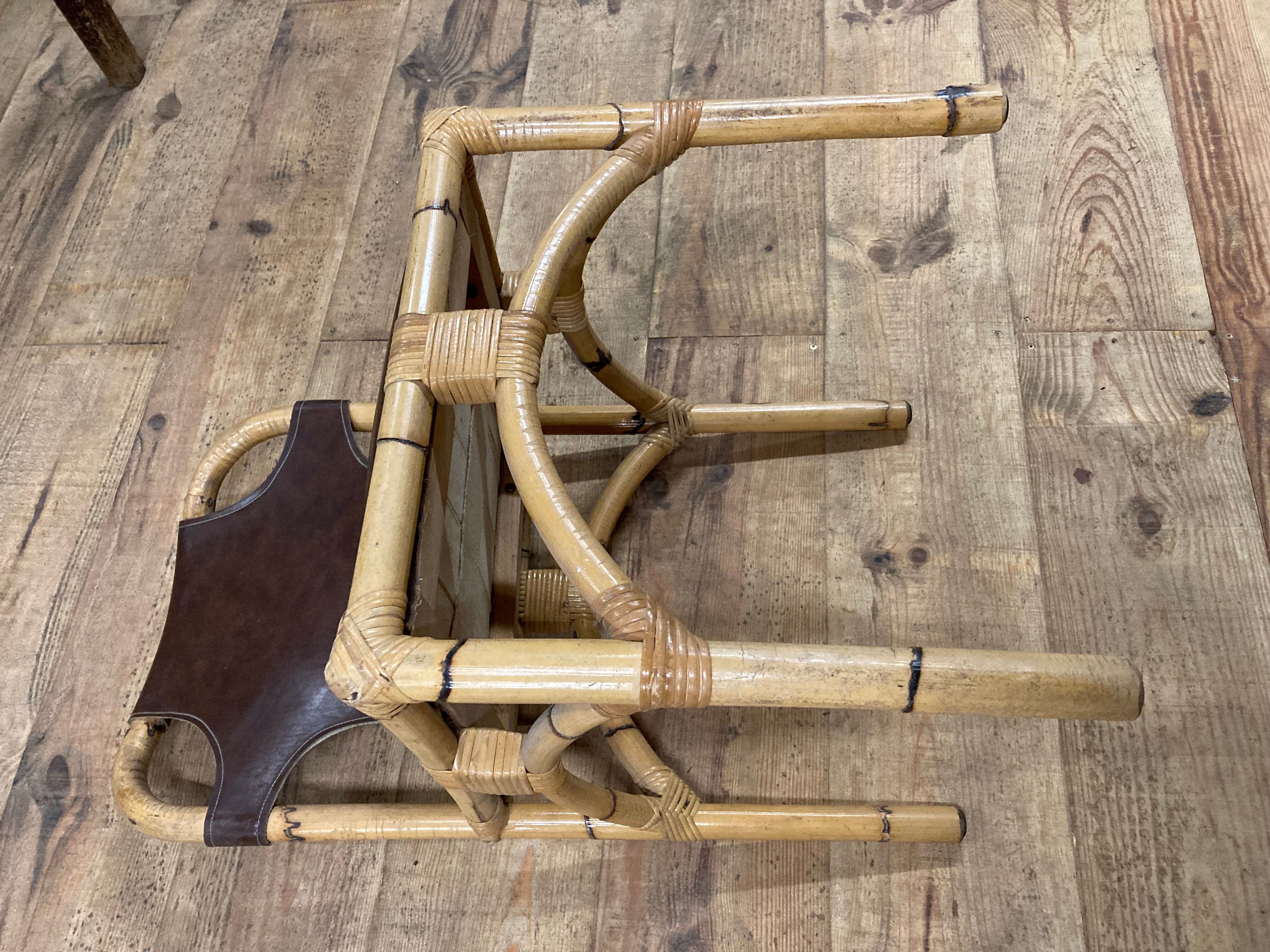 Vintage chair in rattan and bamboo and brown leather