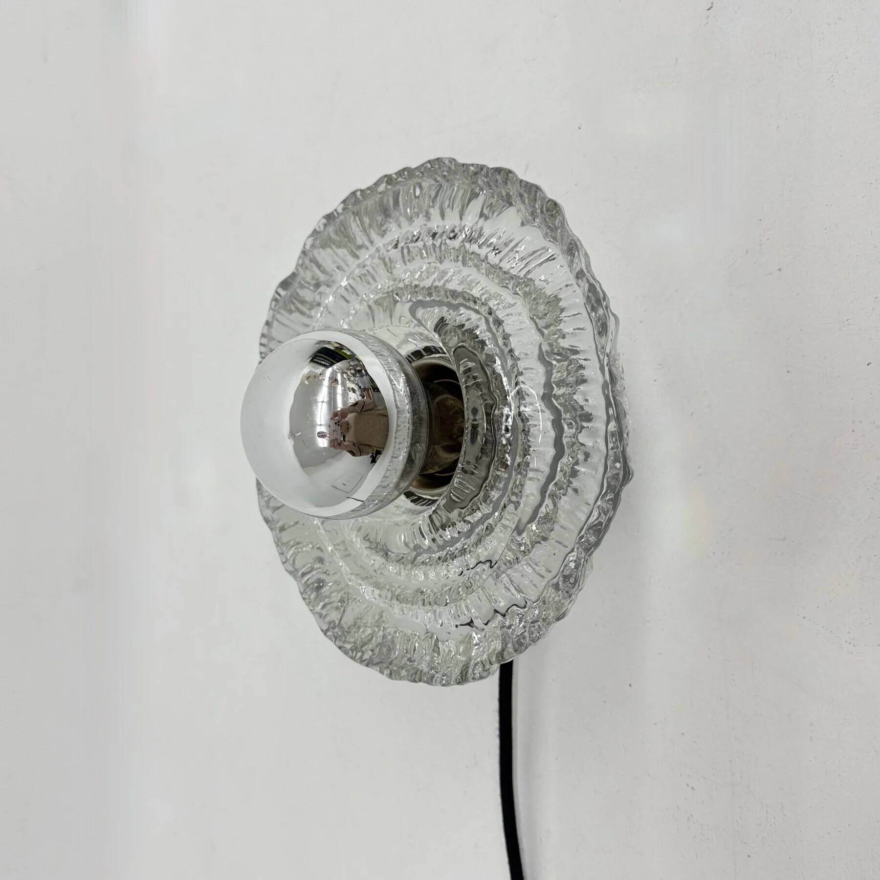 Thick structured ice glass wall light flush mount by Peill & Putzler, 1970s