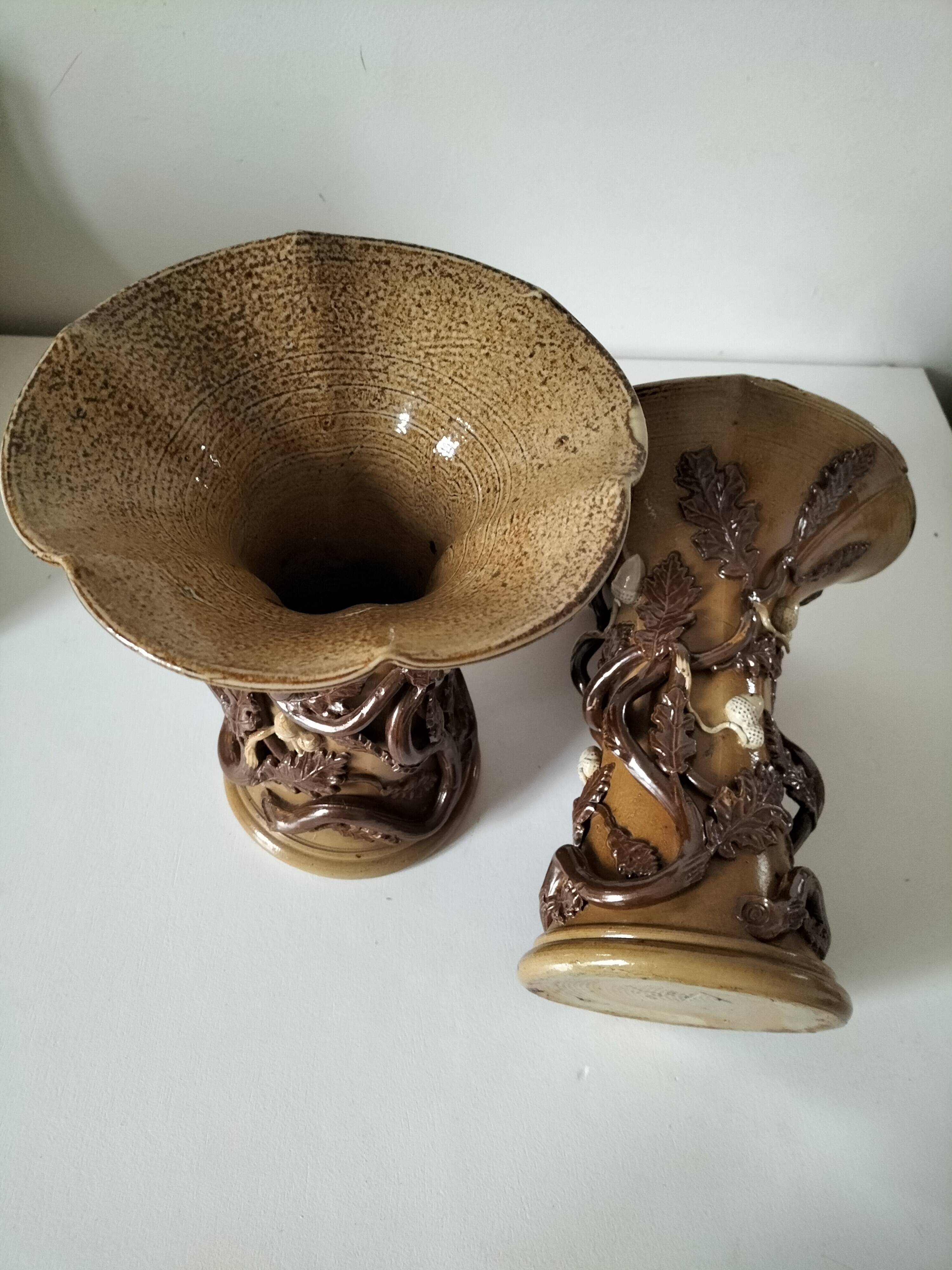 Duo of naturalistic stoneware vases – oak branches & acorns in relief