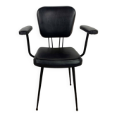 Office chair with metal armrests and black skai imitation leather vintage 1950