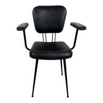 Office chair with metal armrests and black skai imitation leather vintage 1950