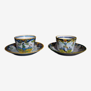 Pair of antique cups & saucers in hand-painted Quimper earthenware with Breton decoration