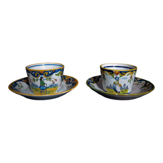 Pair of antique cups & saucers in hand-painted Quimper earthenware with Breton decoration