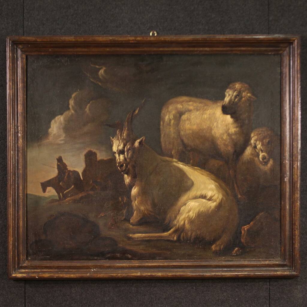 Beautiful 17th century painting, bucolic landscape with goats