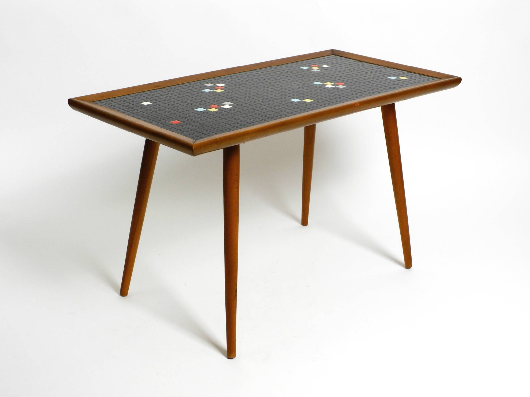 Beautiful long Mid Century walnut wood coffee table with a mosaic surface