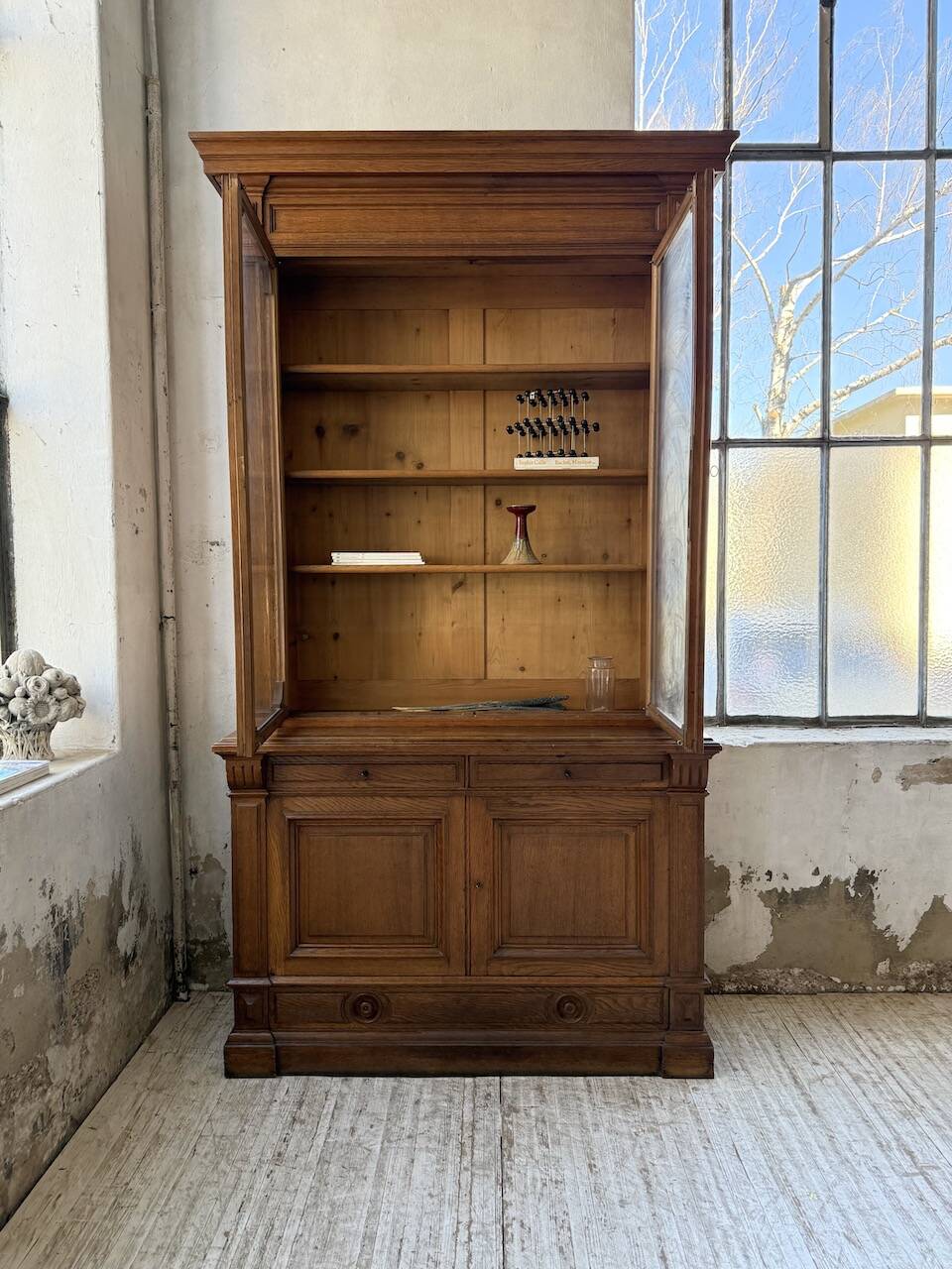 Antique XL Napoleonic oak glass bookcase, 19th century