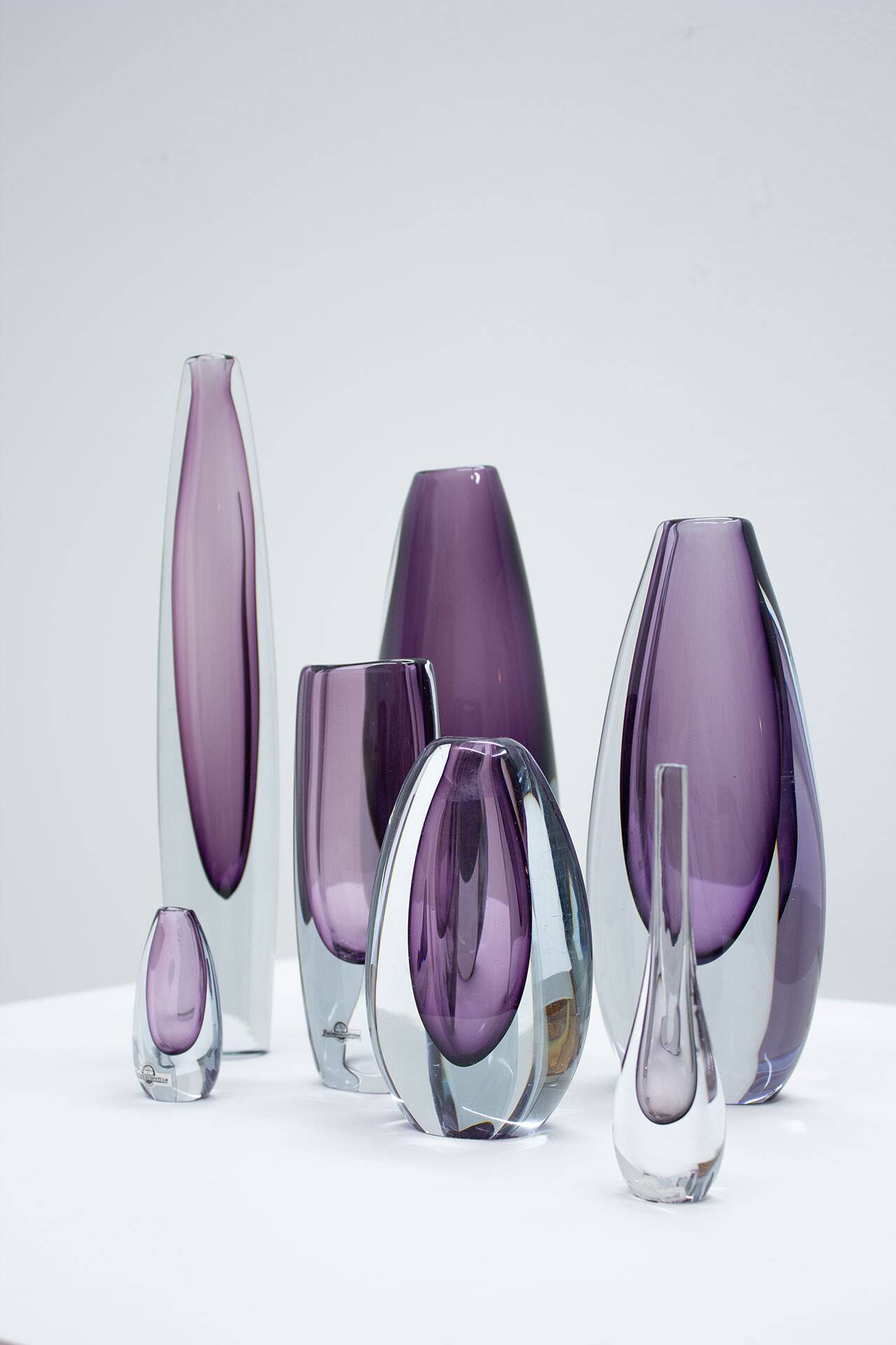Group of 7 glass "Sommerso" vases by Strömbergshyttan, Sweden