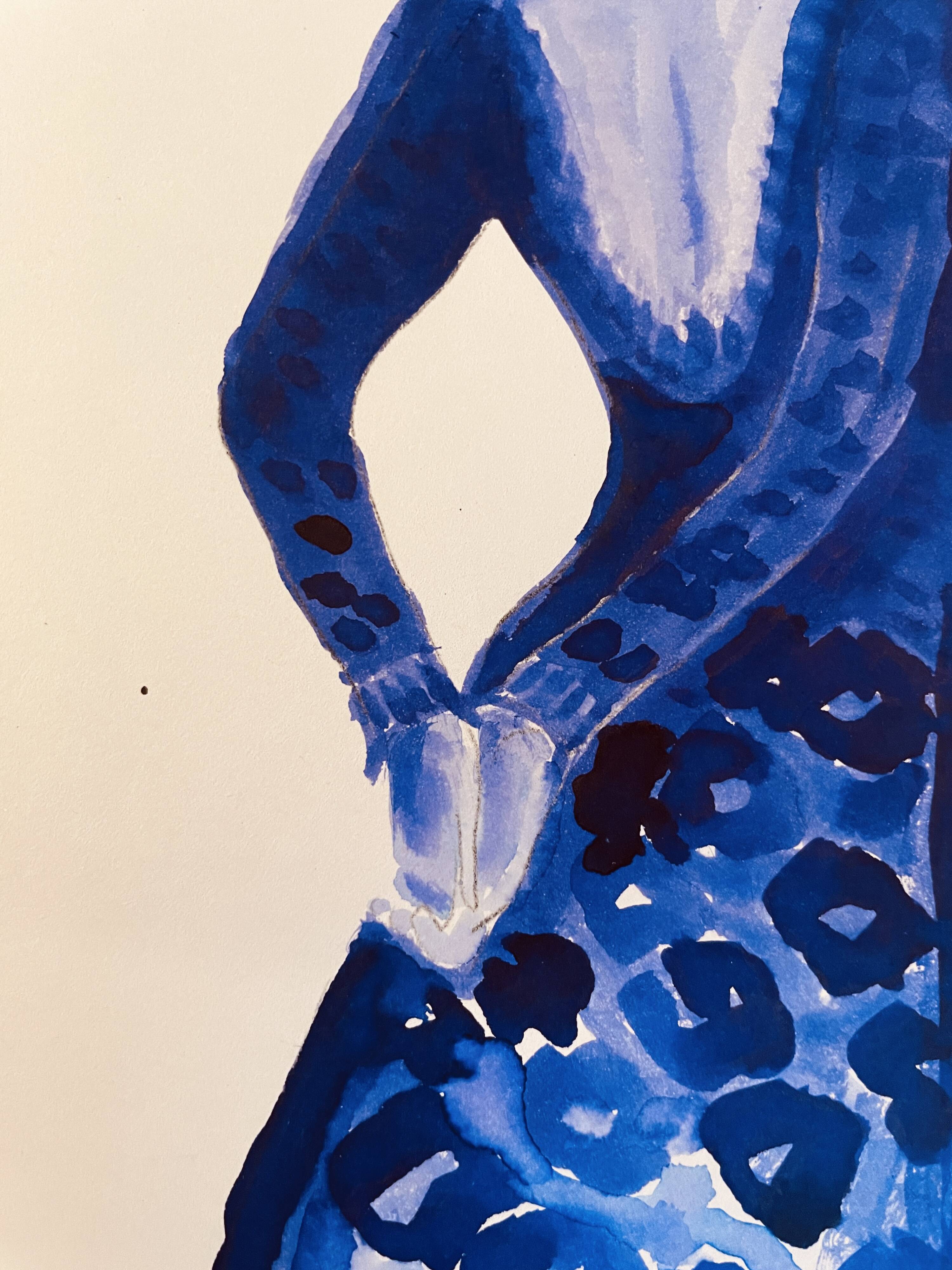 Monochrome indigo watercolour portrait of a woman "the indigo dress"