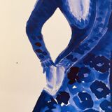 Monochrome indigo watercolour portrait of a woman "the indigo dress"