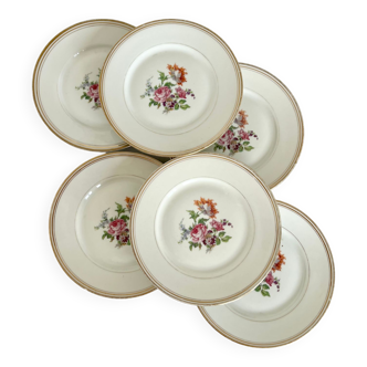 6 vintage dessert plates - White porcelain floral pattern and golden edging