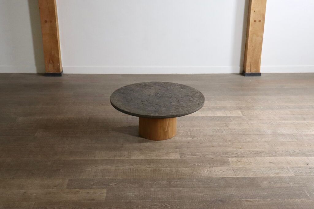 Peter Draenert studios coffee table in fossil stone and oak, Germany 1970s