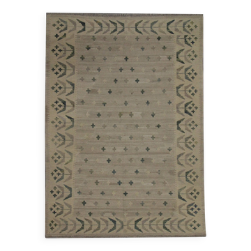 Khaki Grey Wool Kilim Rug, Scandinavian Style Flatwoven Handmade Carpet