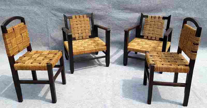 Set of chairs and armchairs from 1940, wood and woven vegetable rope
