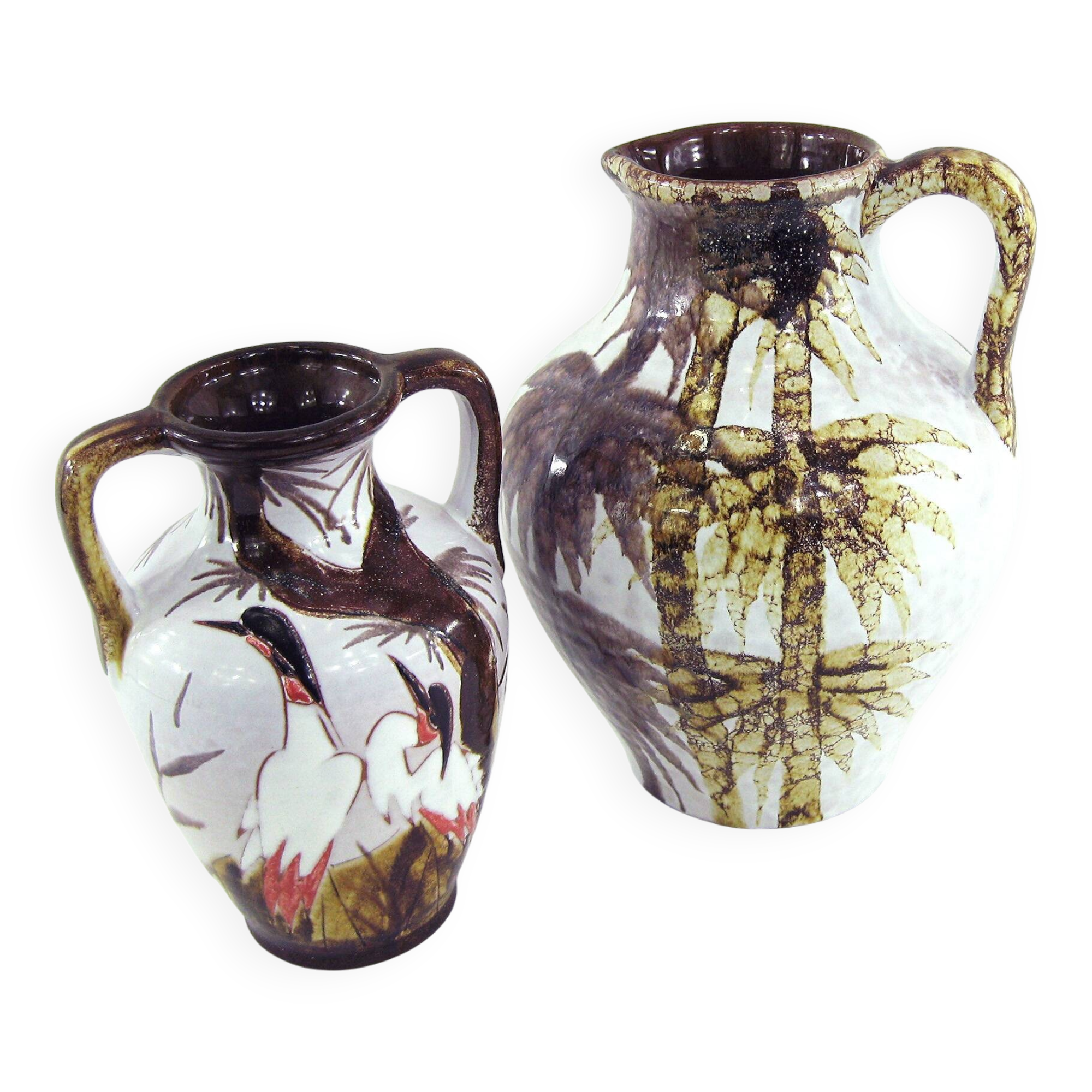 2 West Germany vases - trees and Japanese cranes decor - Marei Keramik - vintage 60s