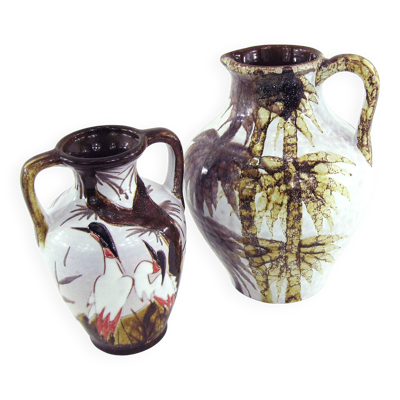 2 vases West Germany - décor arbres et grues du Japon - Marei Keramik - vintage années 60