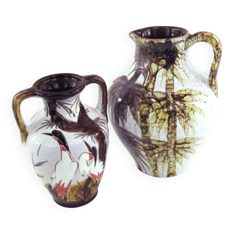2 vases West Germany - décor arbres et grues du Japon - Marei Keramik - vintage années 60