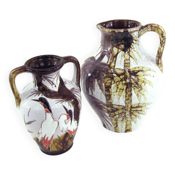2 vases West Germany - décor arbres et grues du Japon - Marei Keramik - vintage années 60