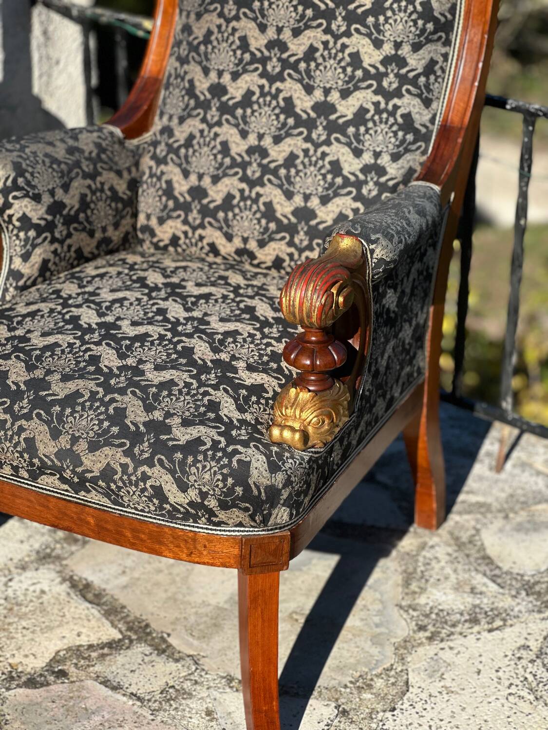 Pair of Mahogany Bergère Armchairs with Chimera Motifs, 19th Century