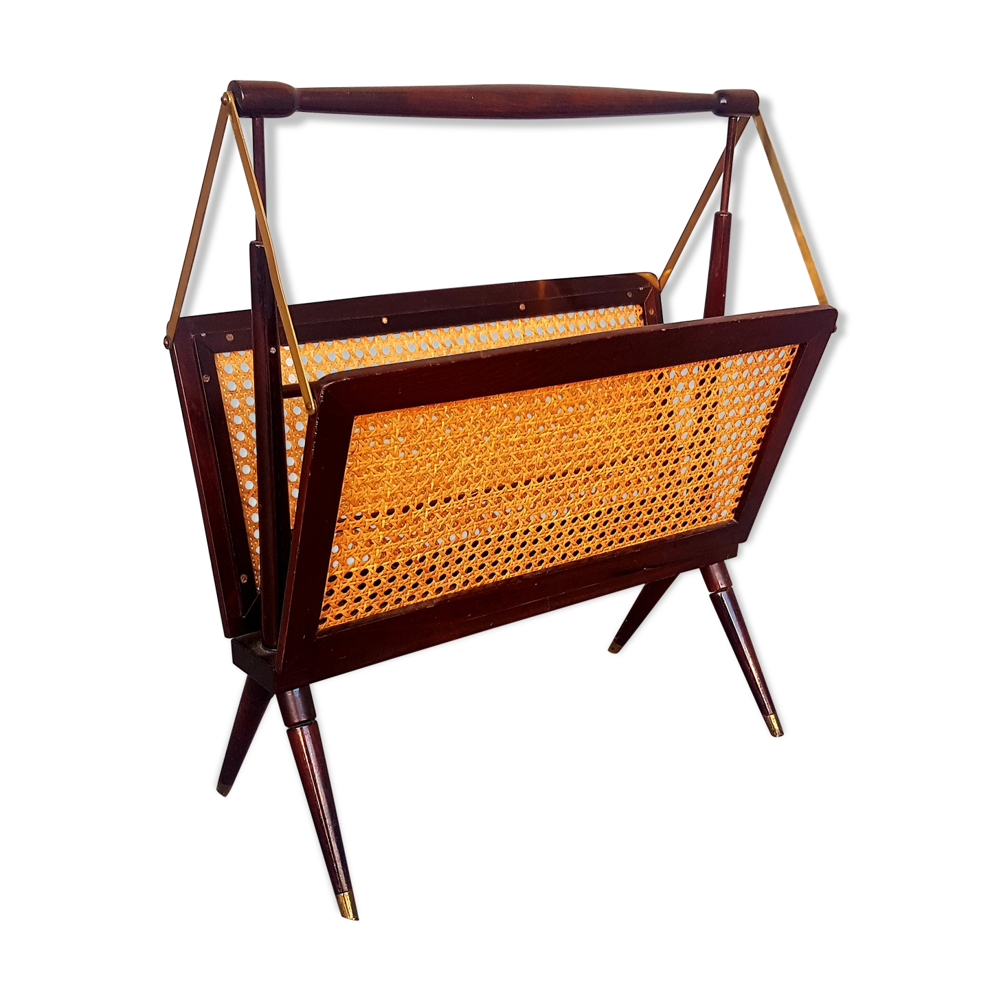 Cesare Lacca folding mahogany cane brass magazine rack 1960
