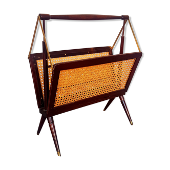 Porte revues Cesare Lacca pliables acajou laiton cannage 1960