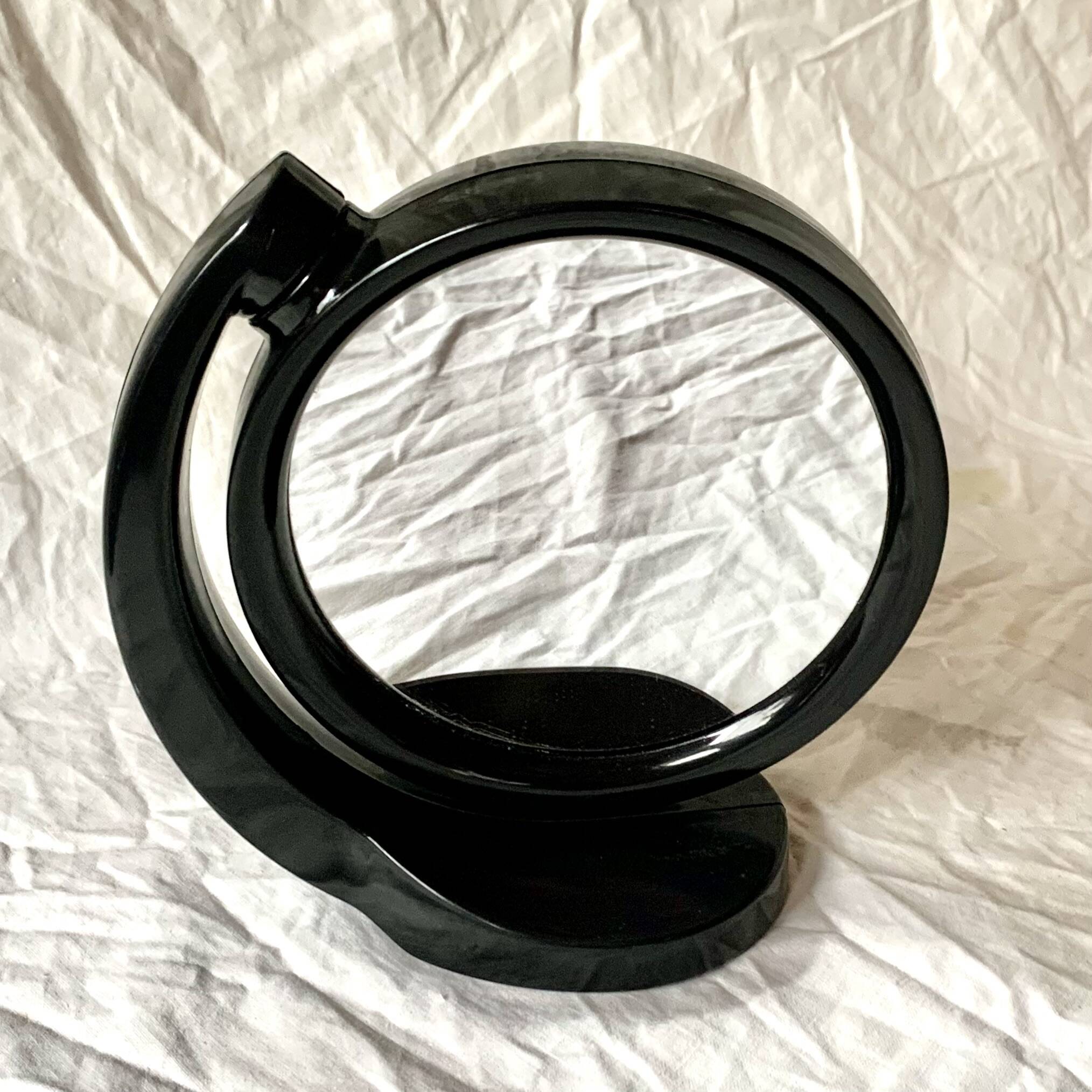 Small vintage black plastic swivel makeup mirror - Space Age Design - 1970s