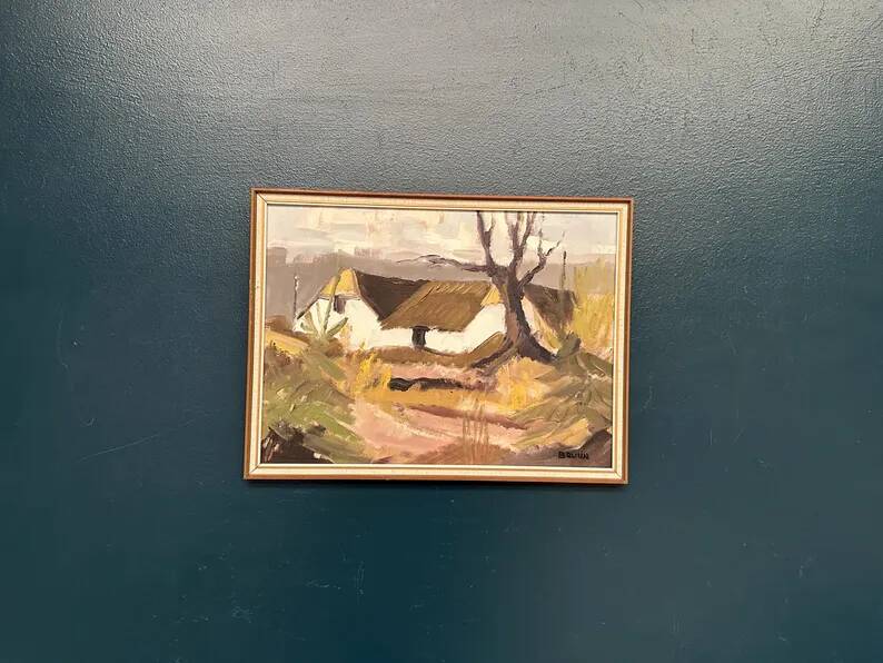 Original Swedish Oil on Canvas – "Farm" by Jörgen Bruun – Signed – Vintage and Framed – 41 × 31 cm (16.1" × 12.2")