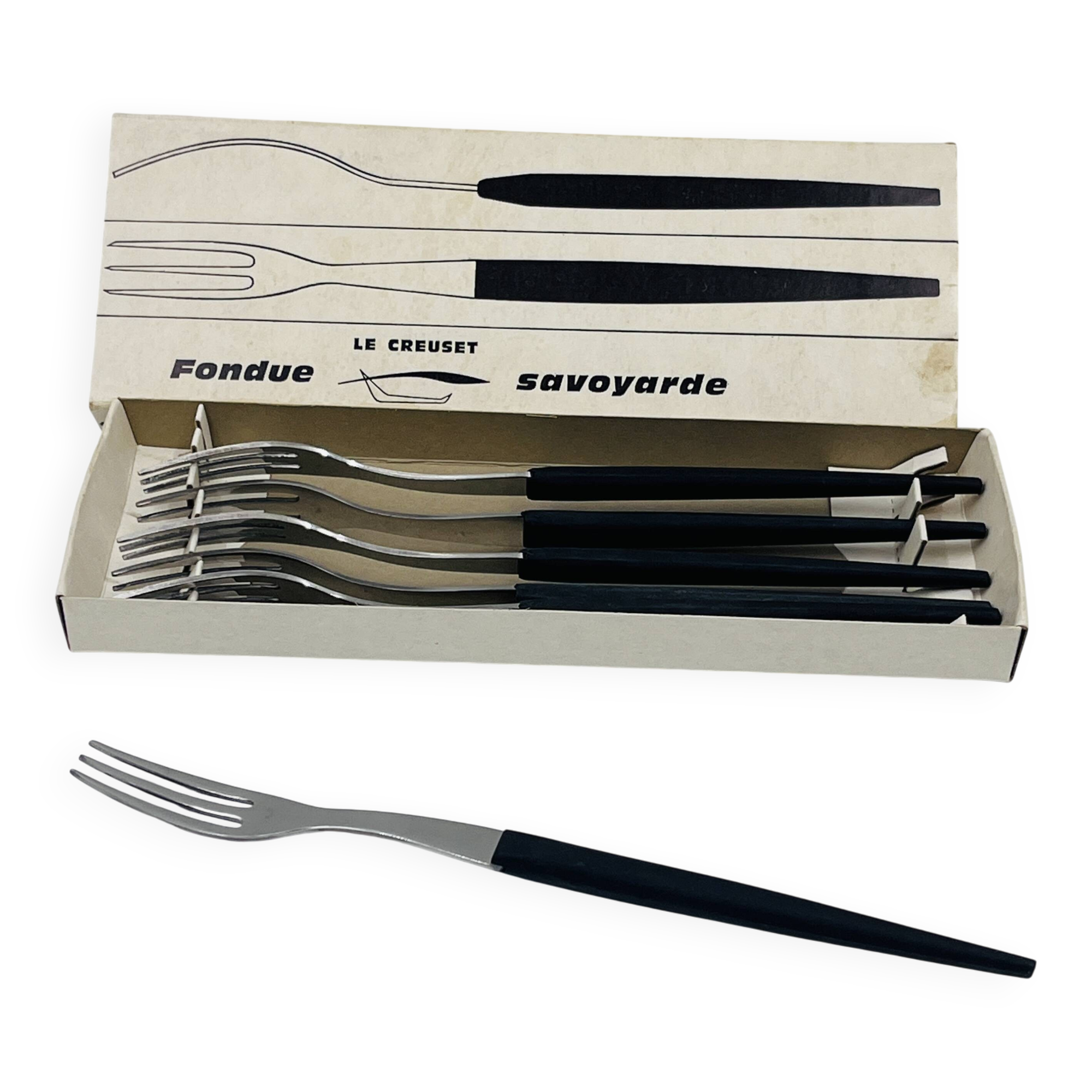 Set of 6 Savoyard fondue forks by Le Creuset with original box.