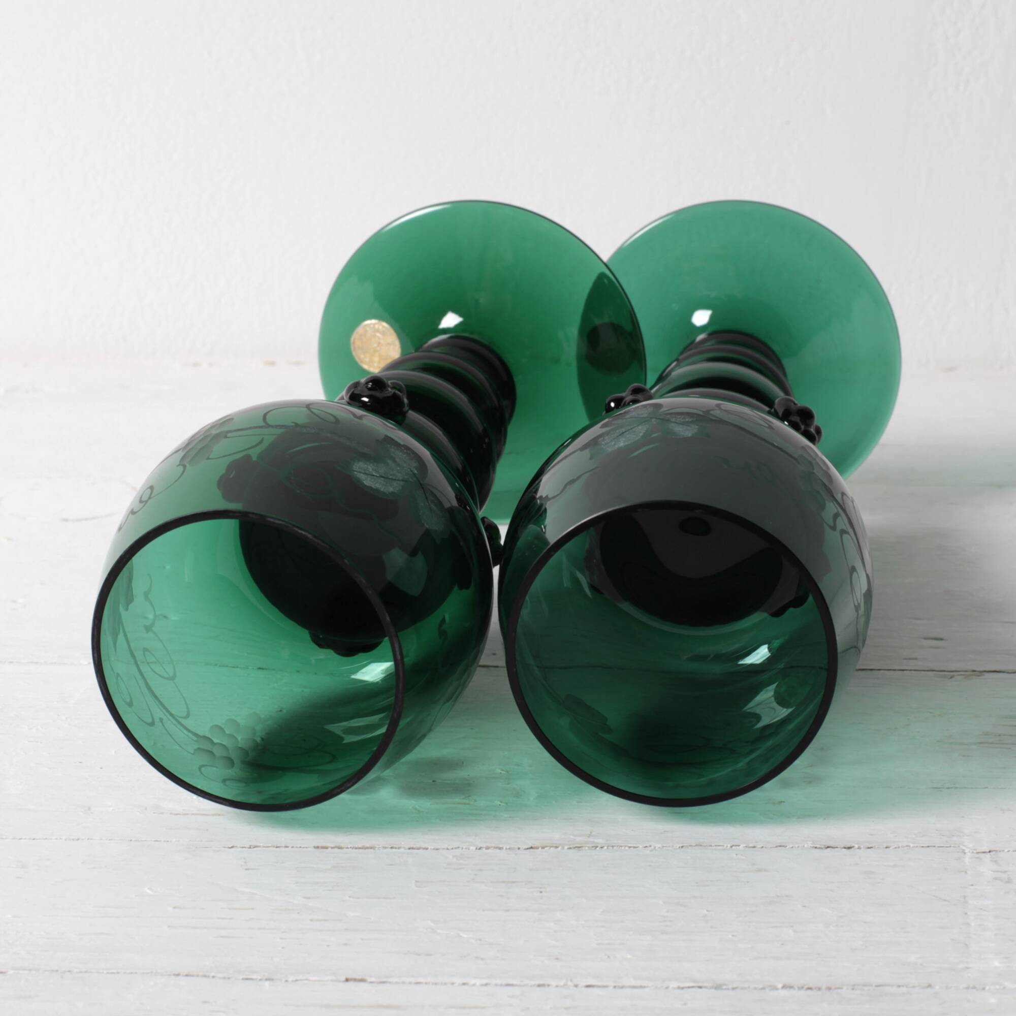 Vintage Emerald Green Wine Stem Crystal Glasses Remmare / Germany / 1960s