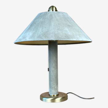 Sea grass green leather suede and brass large table lamp, 1970s