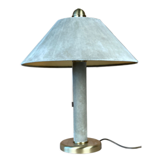 Sea grass green leather suede and brass large table lamp, 1970s