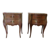 Pair of 2 Louis XV bedside tables - marquetry - 2 drawers - pink marble