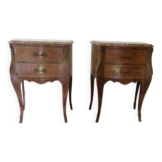 Pair of 2 bedside tables - Louis XV - marquetry - 2 drawers - pink marble