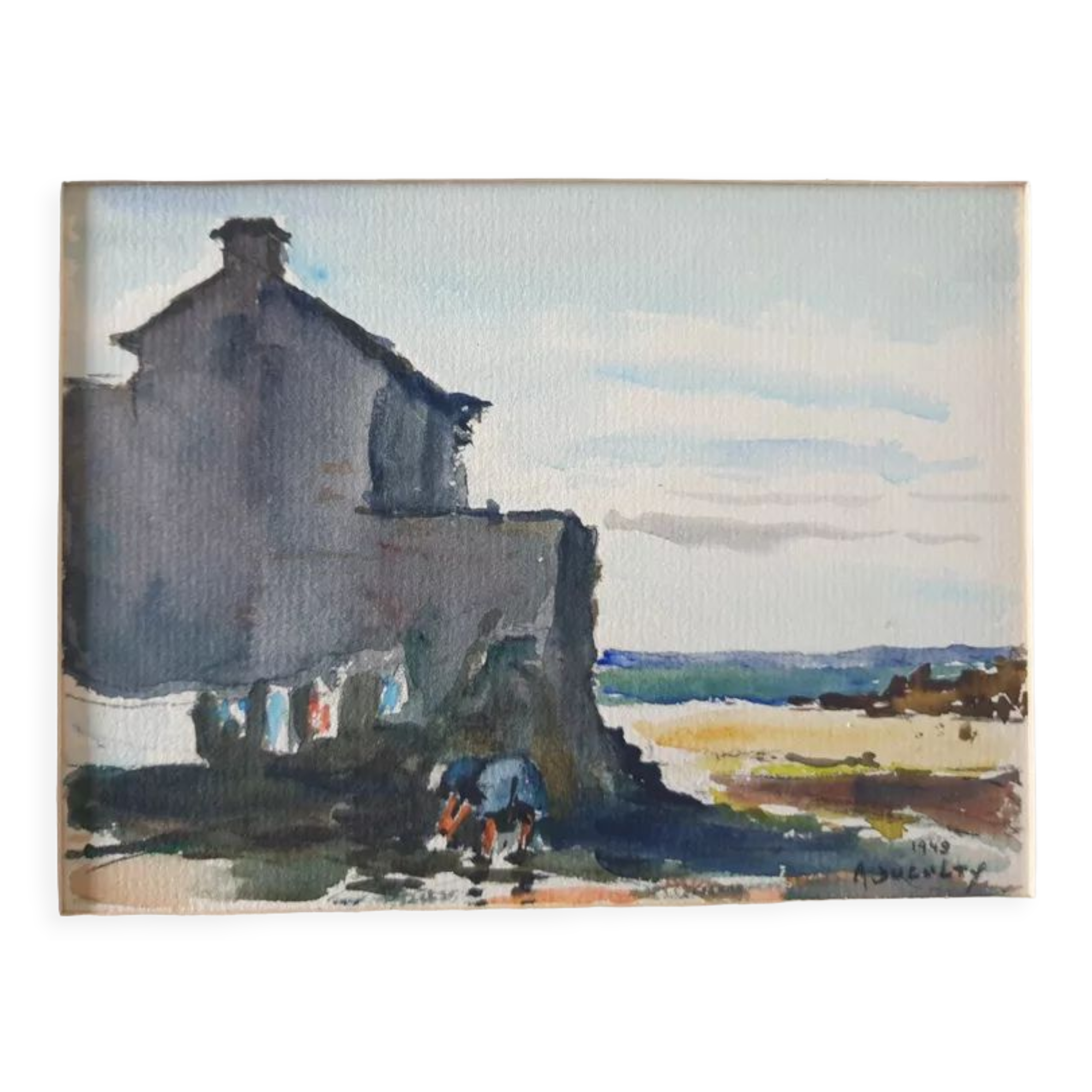 André Duculty (1912-1990) Watercolor on paper "Beachside, probably in Finistère" Signed