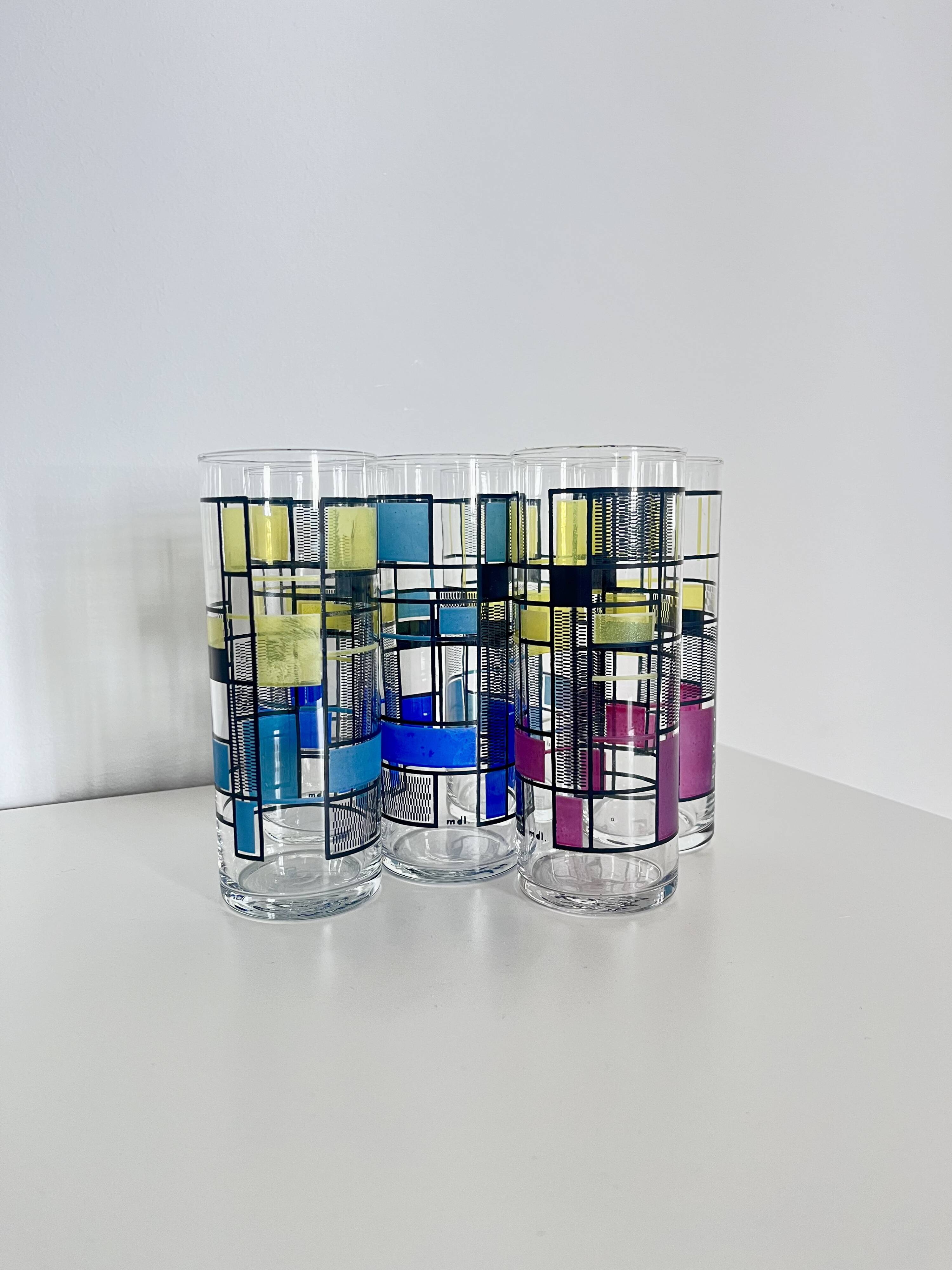 Set of 6 Vintage Hand-Painted Tall Glasses, USA 1950s-60s